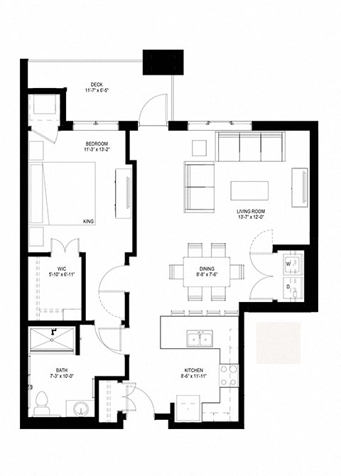 Floor plan for 1 bed, 1 bath, 864 sqft
